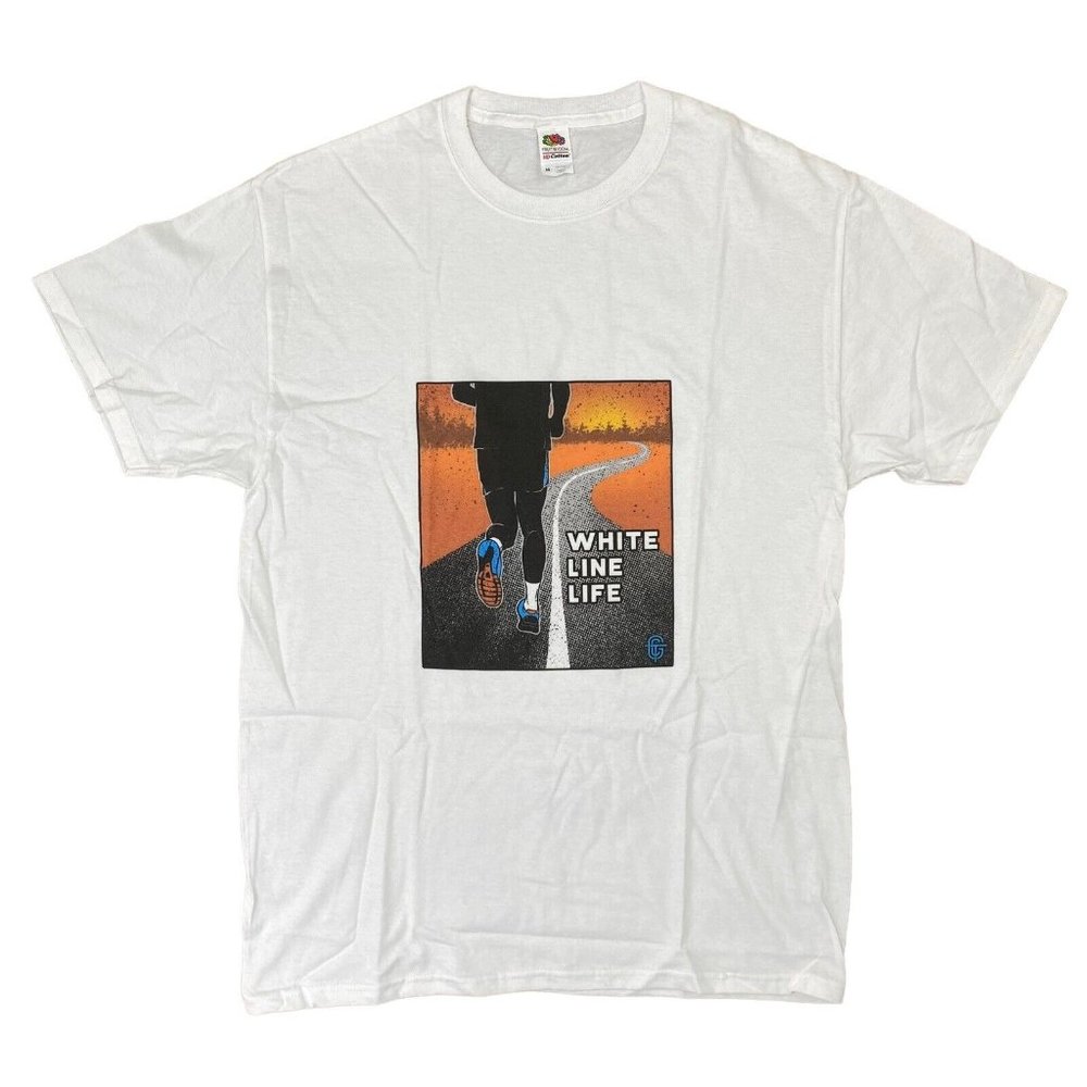 White Line Life T Shirt Mens Medium Running Theme Graphics White Orange Sun Road